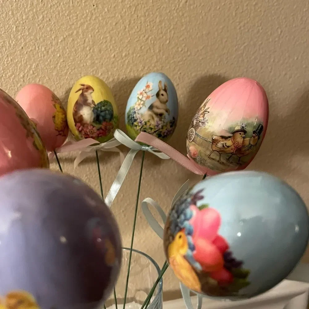 Vintage Decoupage Eggs with Vintage Easter Prints on Long Wire Picks with Ribbon